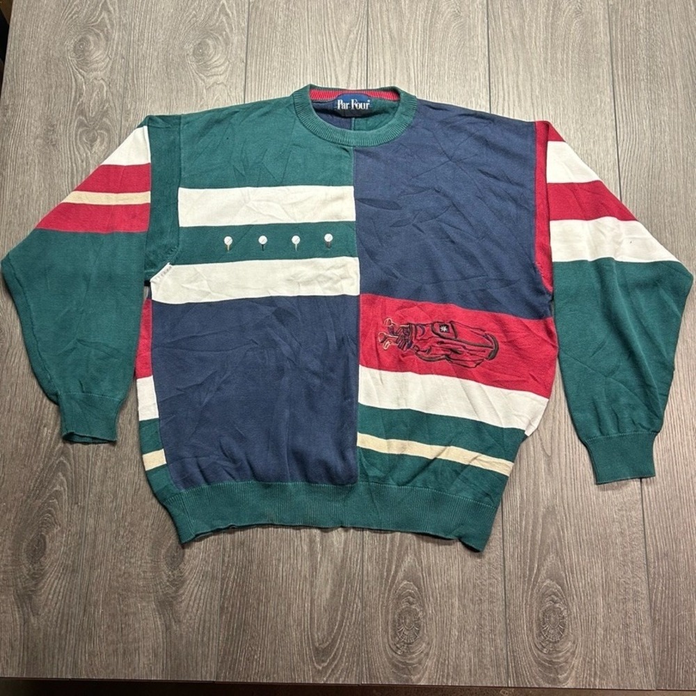 Vintage Par Four Golf Sweater Mens Colorblock Knit Pullover Green Navy Red L